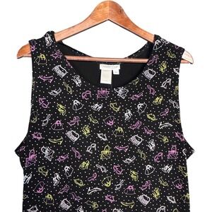 Coldwater Creek Dress Women L Black Novelty Shoe Slinky Whimsical Travel Quirky